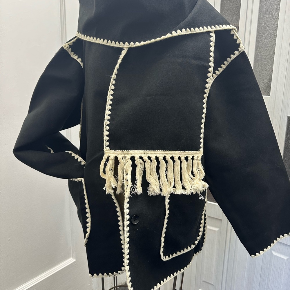 Black Jacket with Cream Fringe Trim